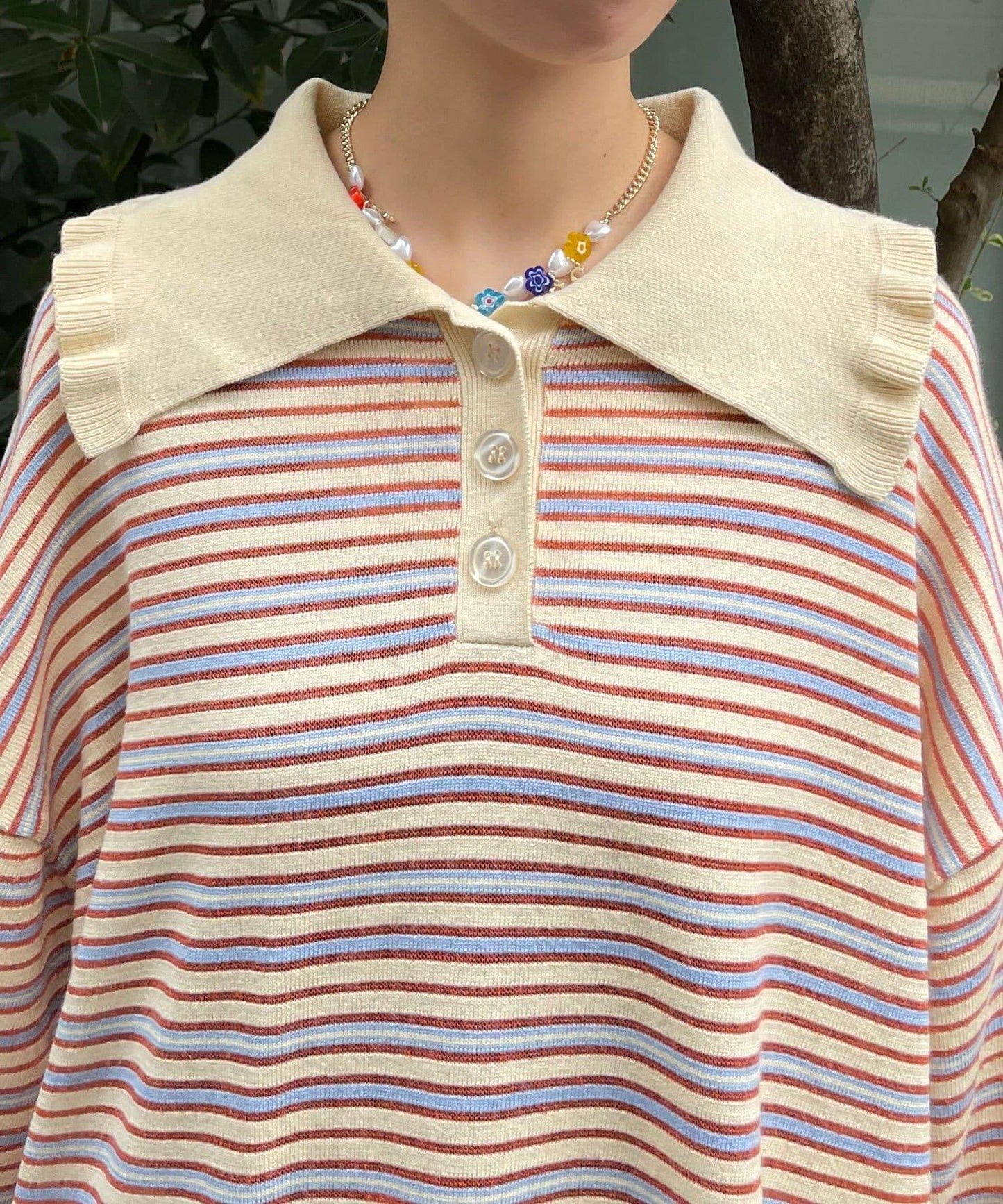 HELLO.SANFRANCISCO 大領條紋設計 POLO款 針織上衣