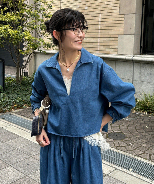 網紅OKOCHI企劃 開領牛仔襯衫