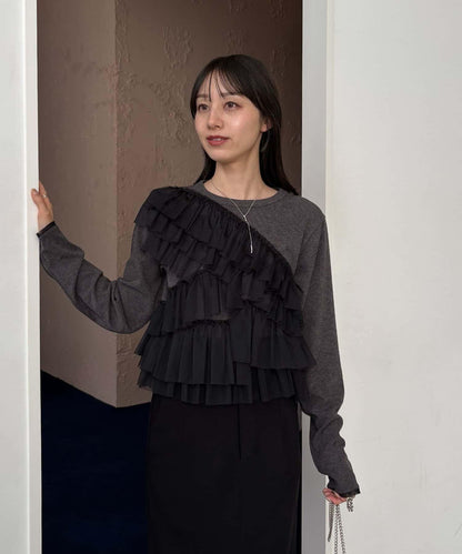 kon企畫 荷葉邊拼接長袖T恤