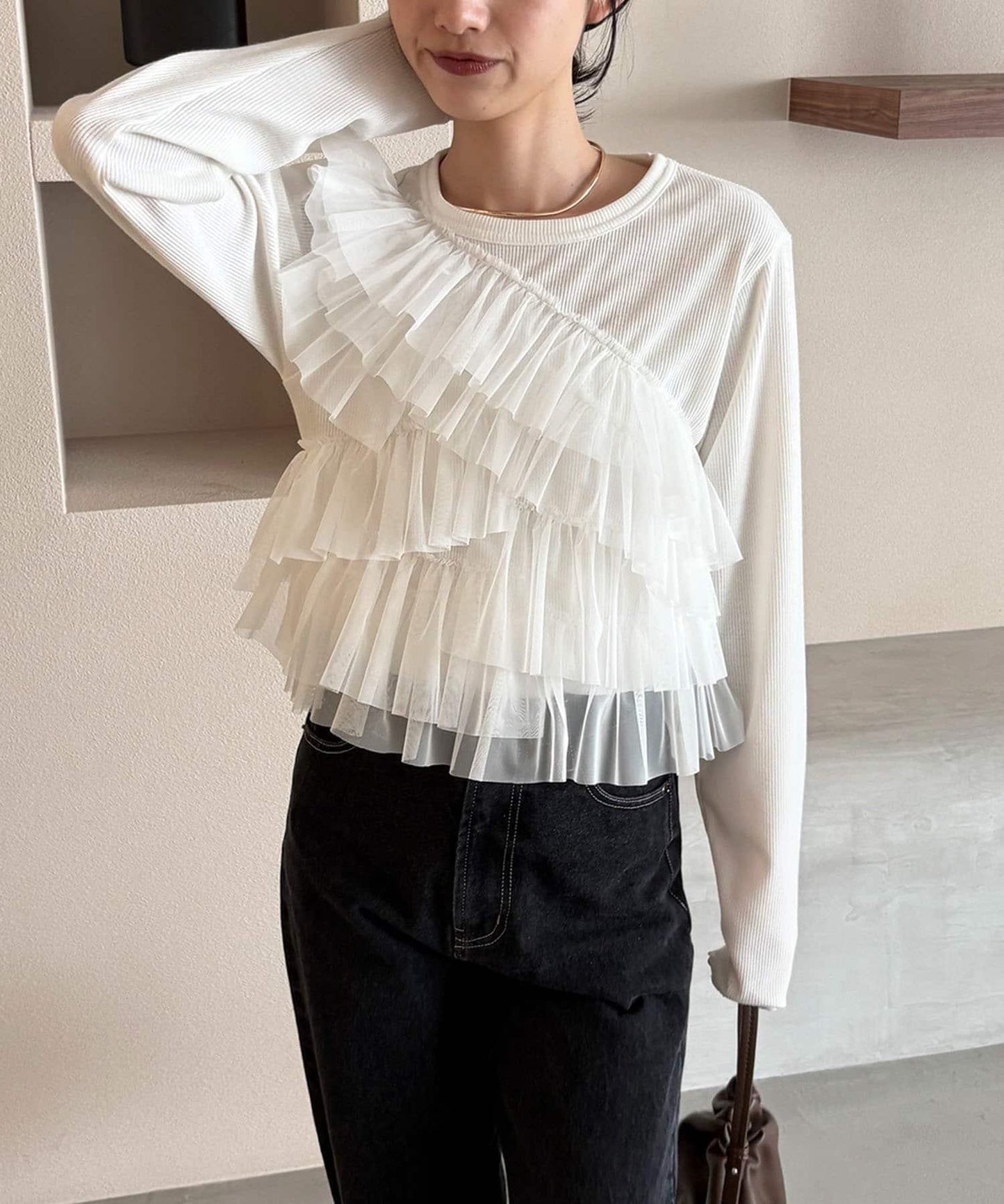 kon企畫 荷葉邊拼接長袖T恤