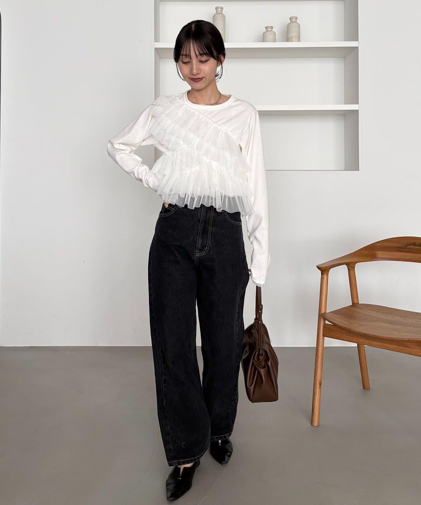 kon企畫 荷葉邊拼接長袖T恤