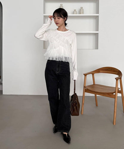 kon企畫 荷葉邊拼接長袖T恤