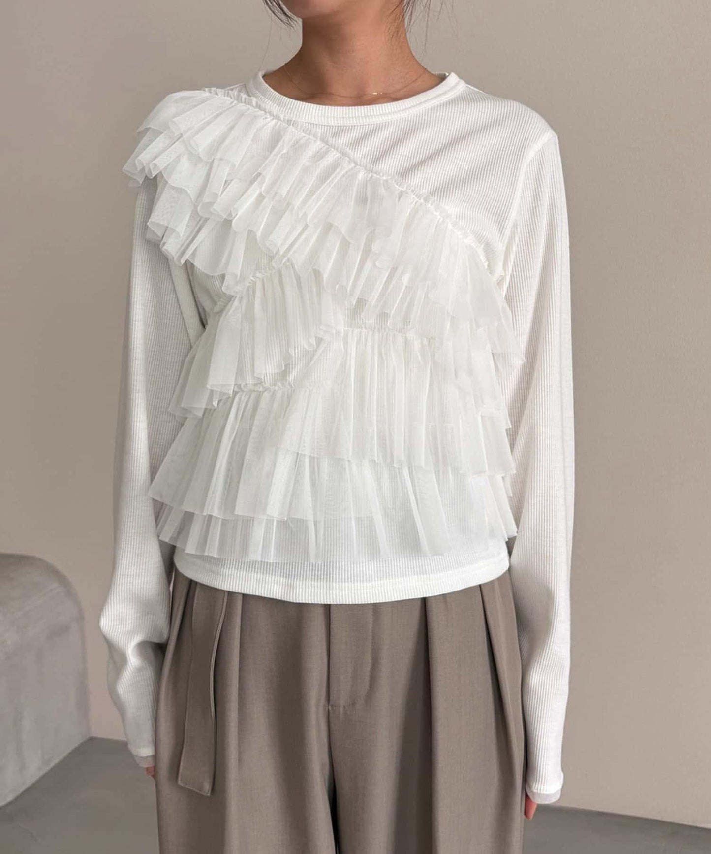 kon企畫 荷葉邊拼接長袖T恤