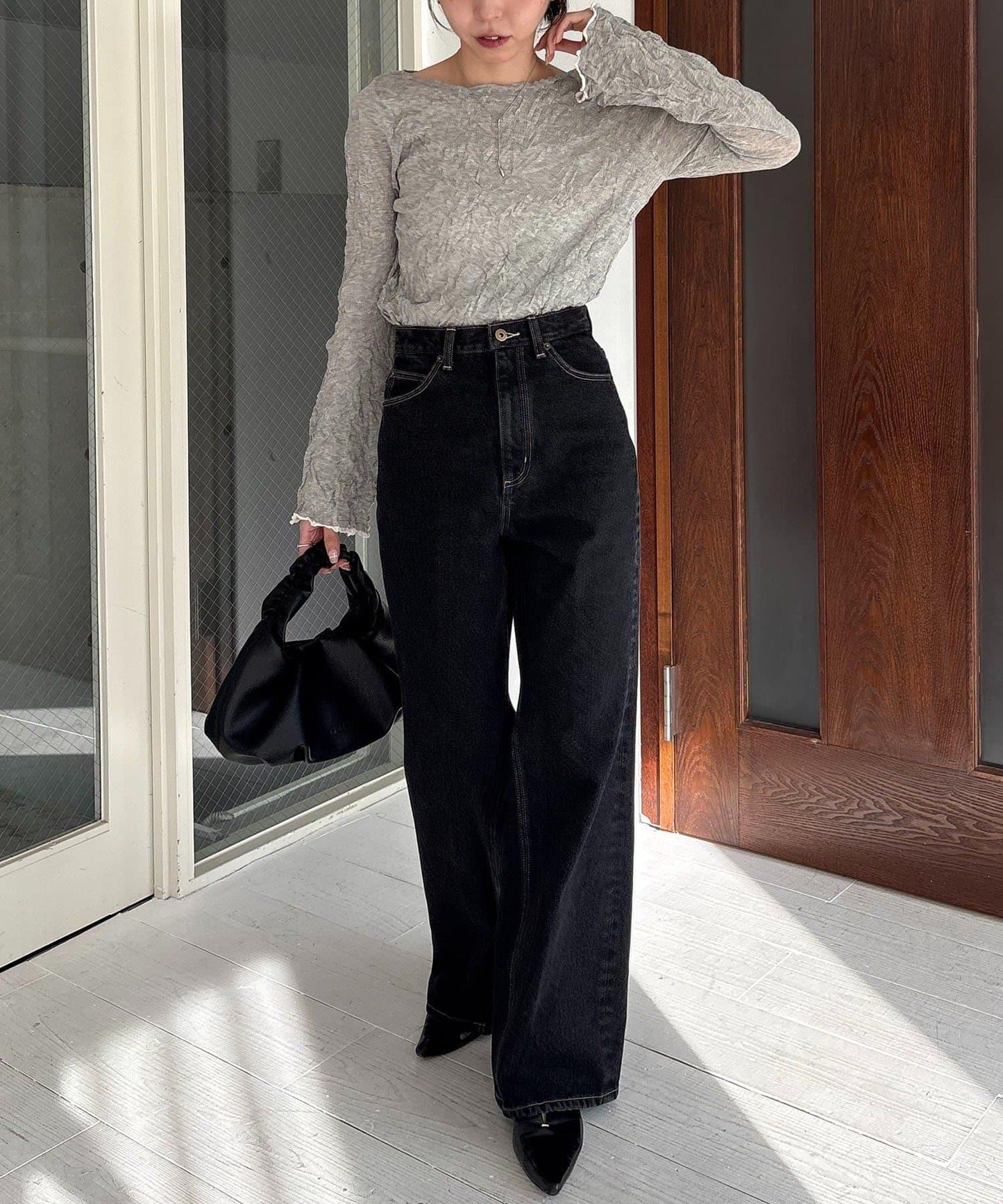 褶皺船領針織上衣