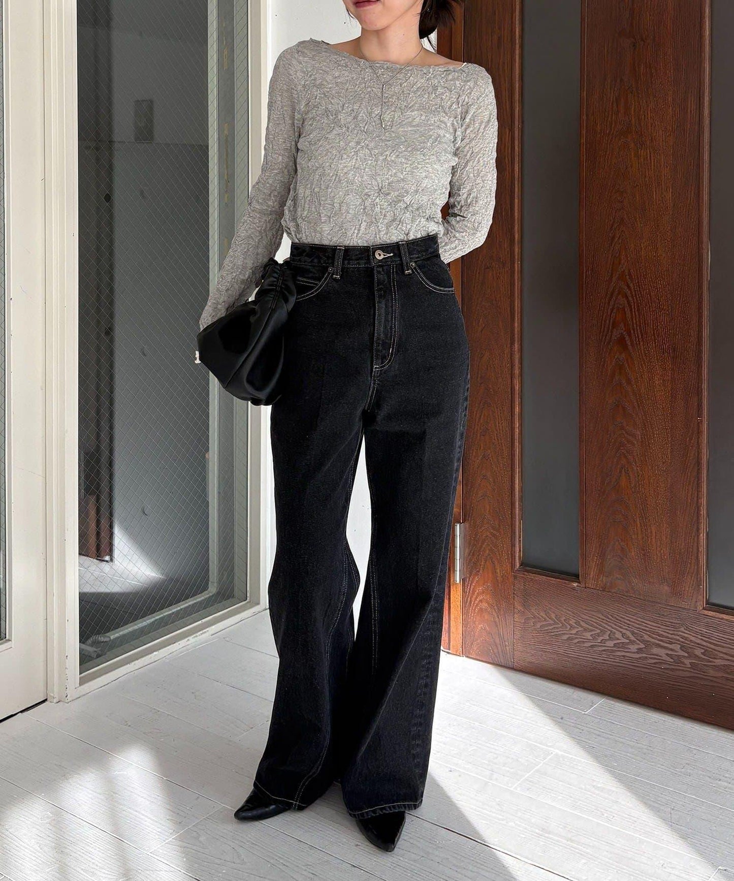 褶皺船領針織上衣