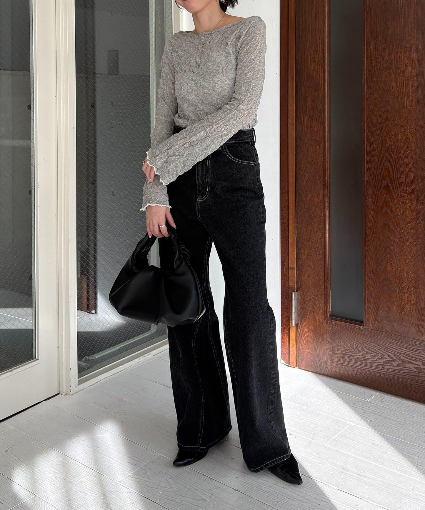 褶皺船領針織上衣