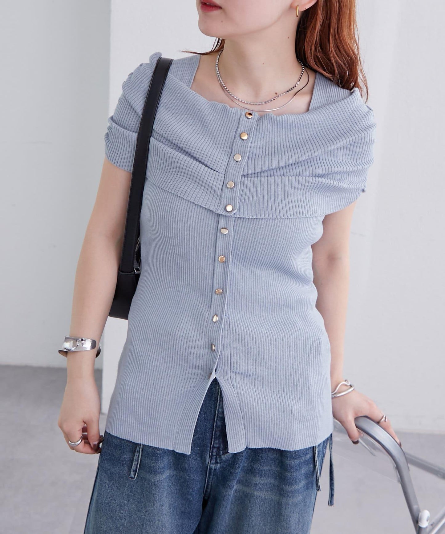 mystic 露肩設計 短袖針織上衣