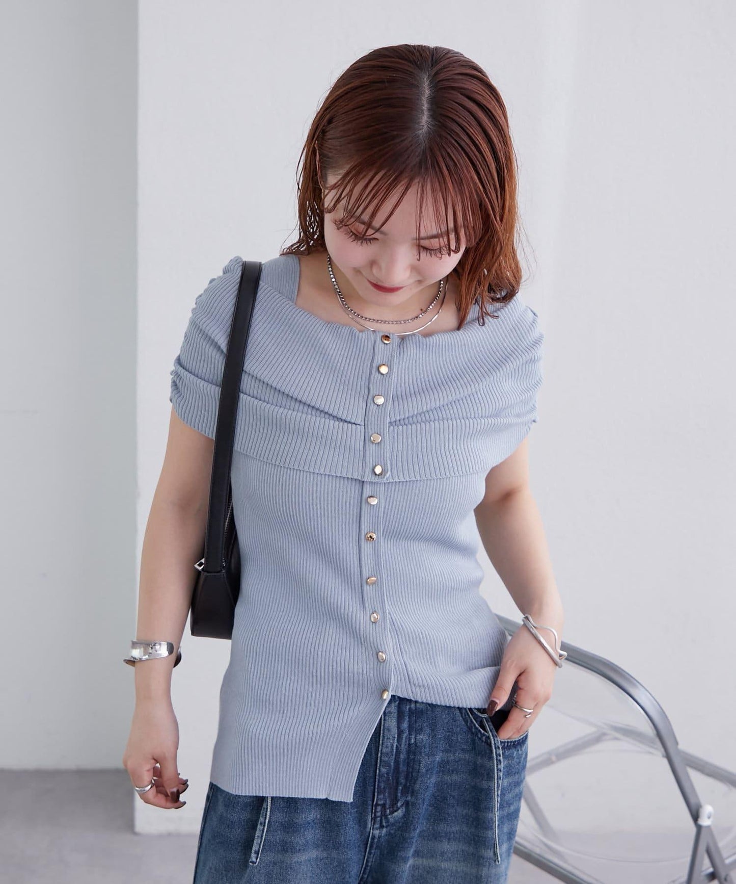 mystic 露肩設計 短袖針織上衣