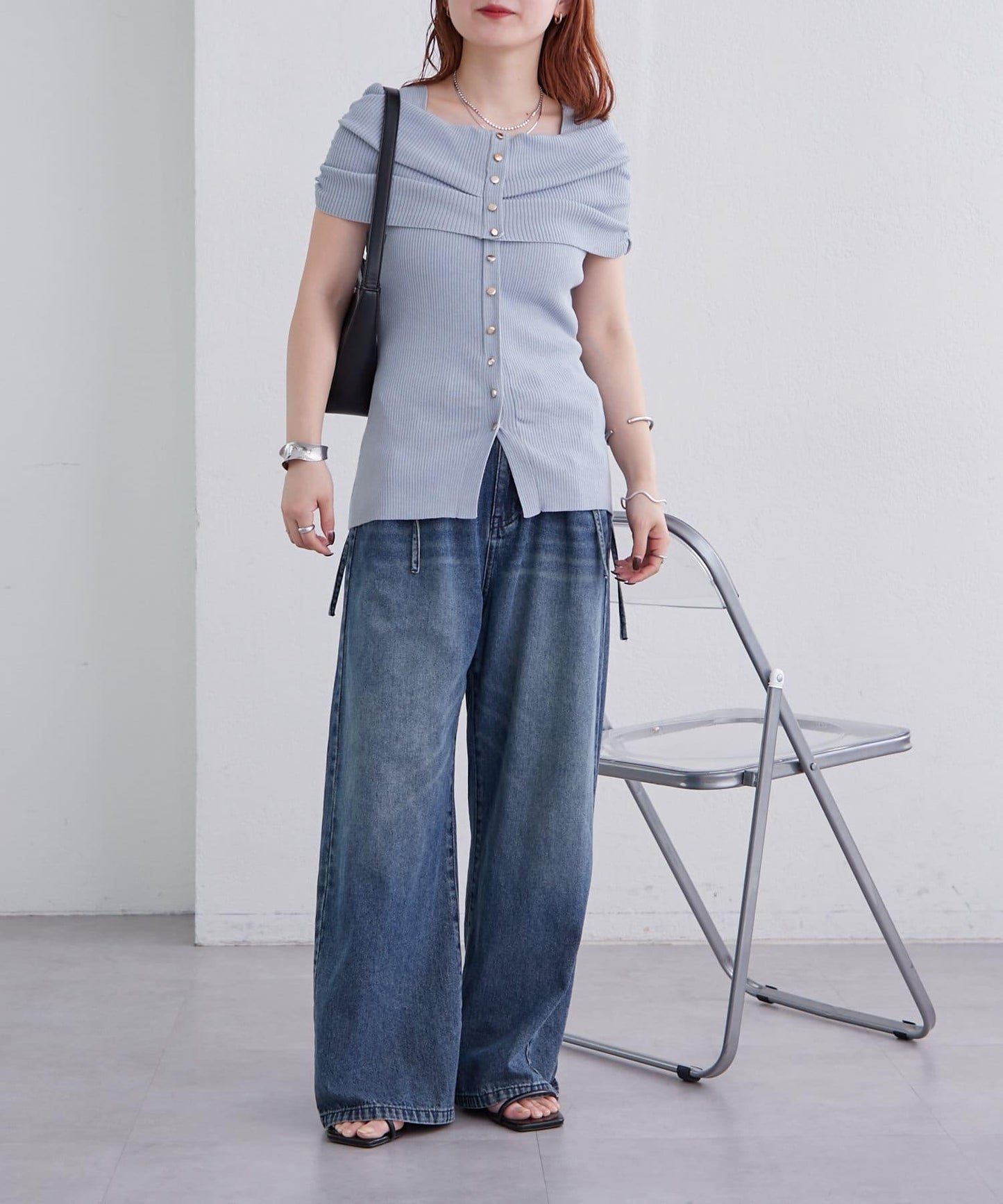 mystic 露肩設計 短袖針織上衣