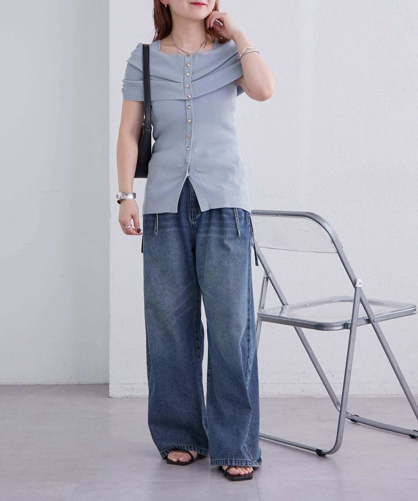 mystic 露肩設計 短袖針織上衣