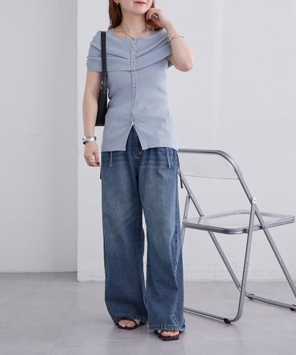 mystic 露肩設計 短袖針織上衣