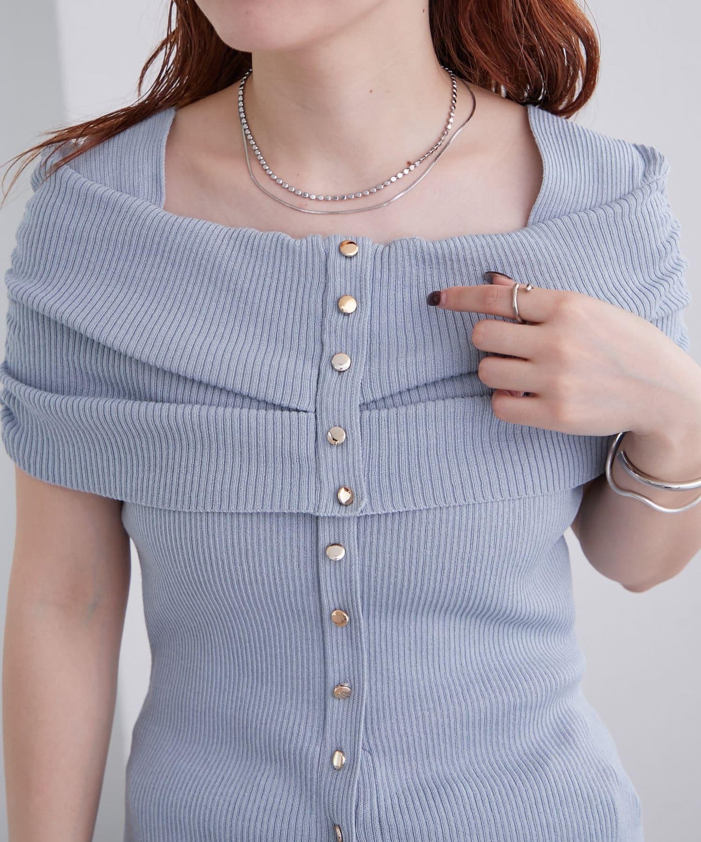 mystic 露肩設計 短袖針織上衣