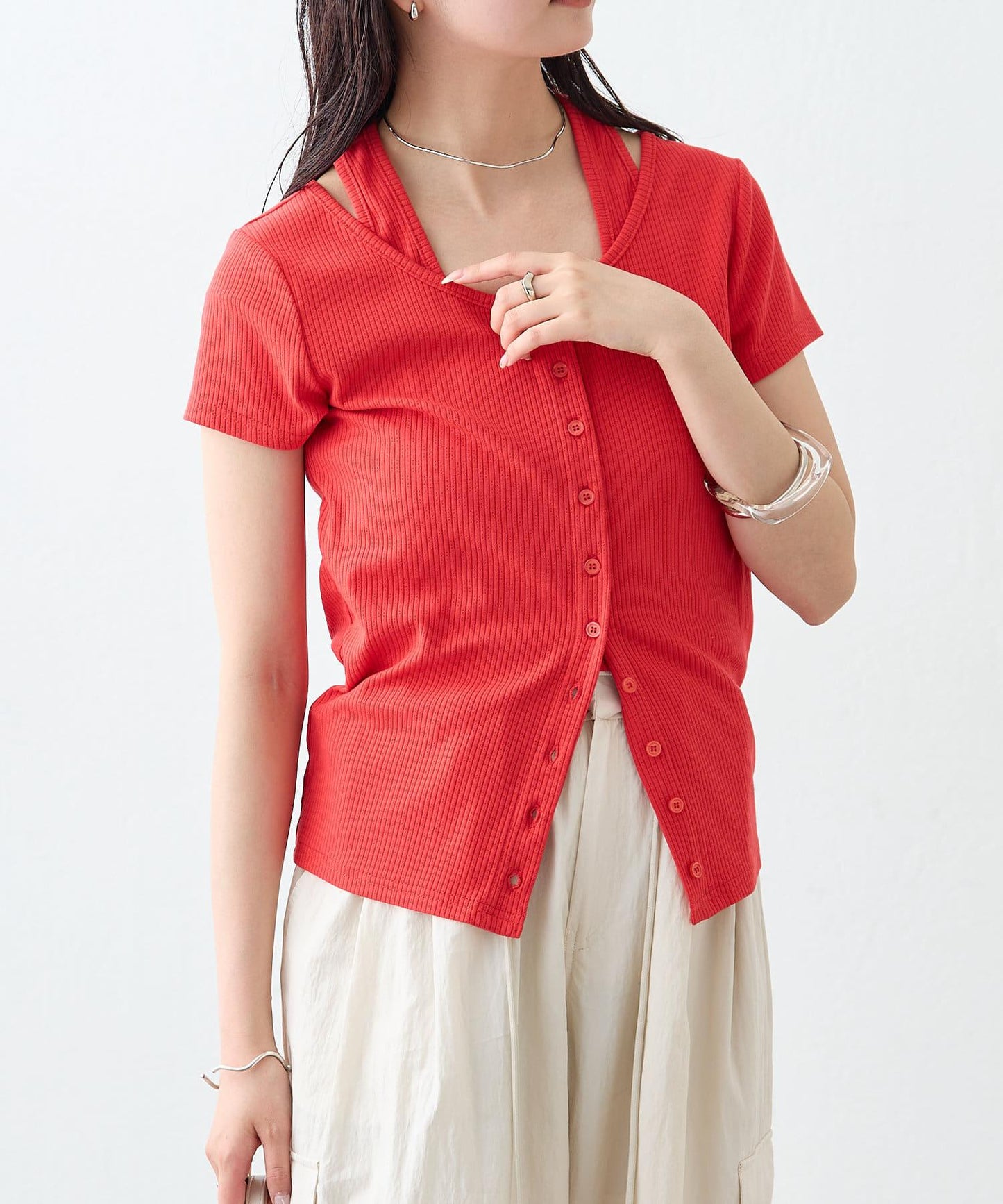 mystic 掛脖疊搭設計 法式袖 上衣