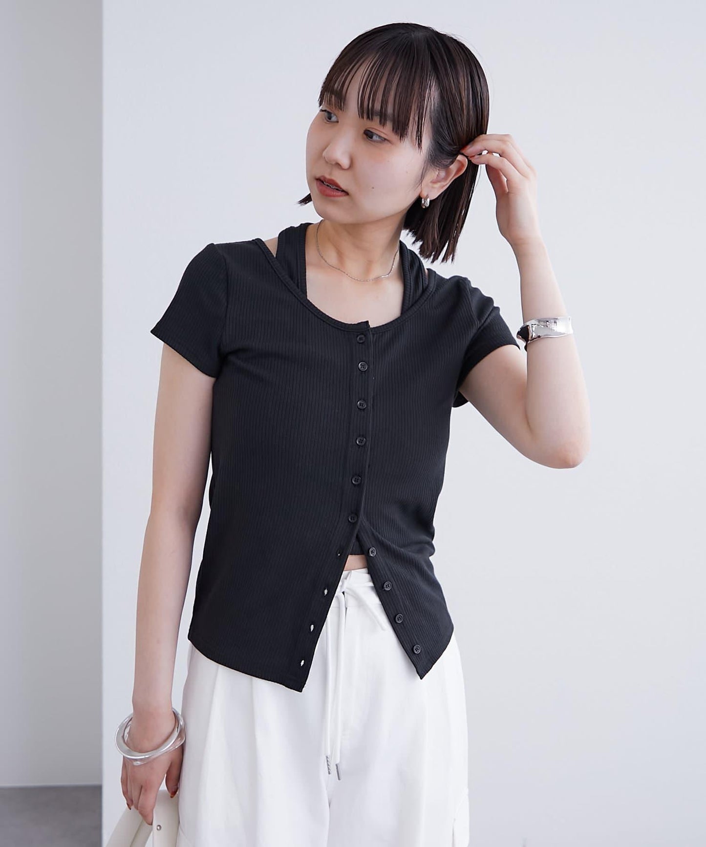 mystic 掛脖疊搭設計 法式袖 上衣