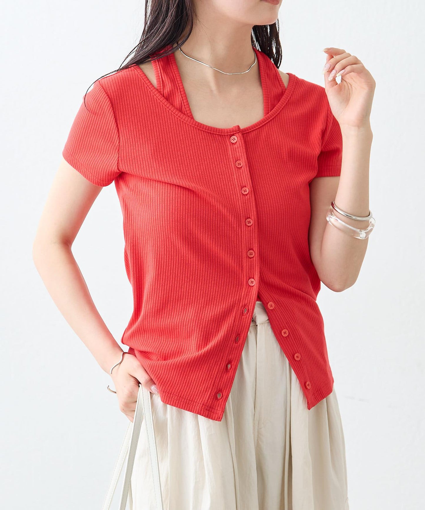 mystic 掛脖疊搭設計 法式袖 上衣