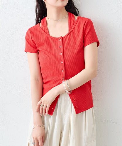 mystic 掛脖疊搭設計 法式袖 上衣