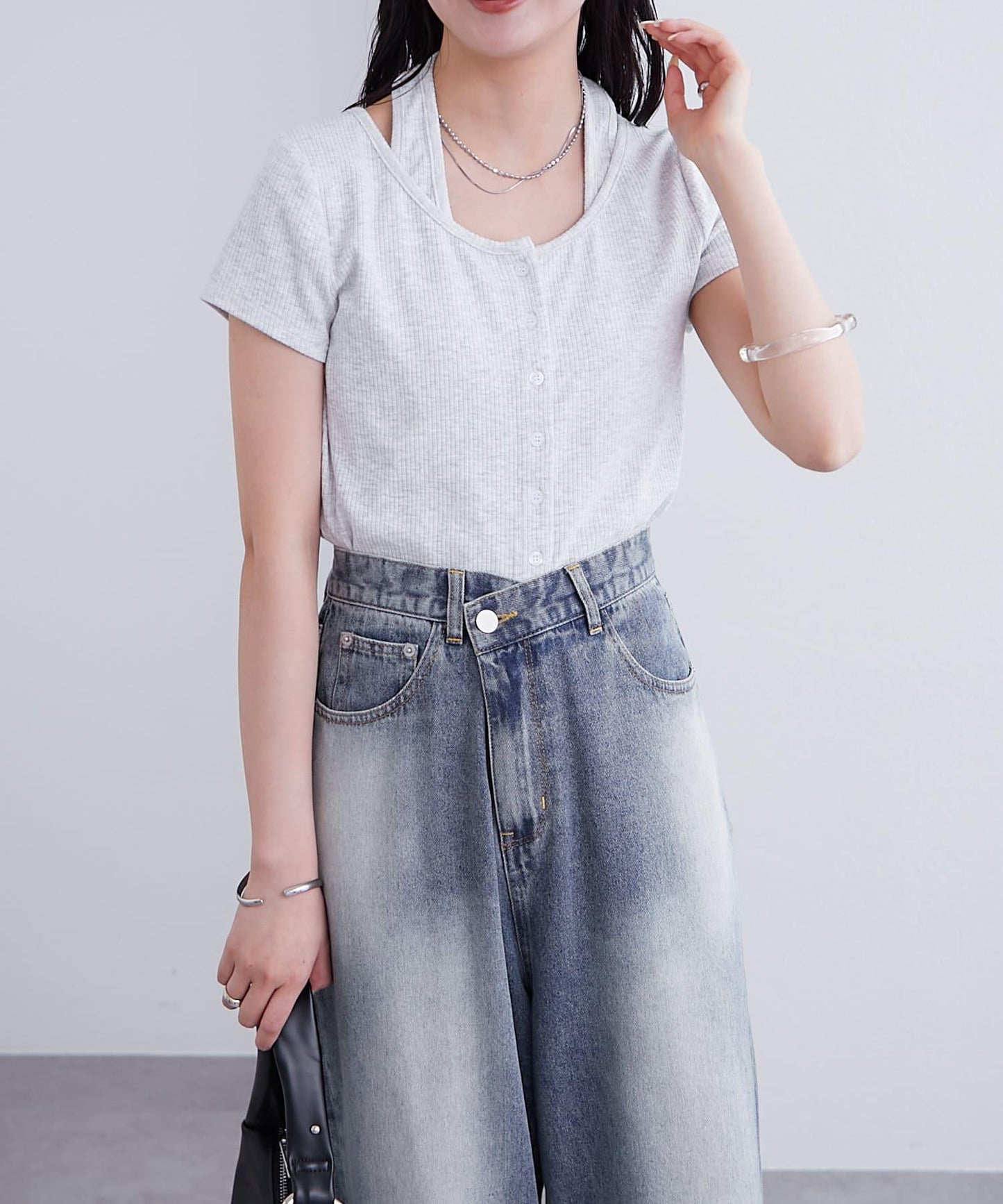 mystic 掛脖疊搭設計 法式袖 上衣