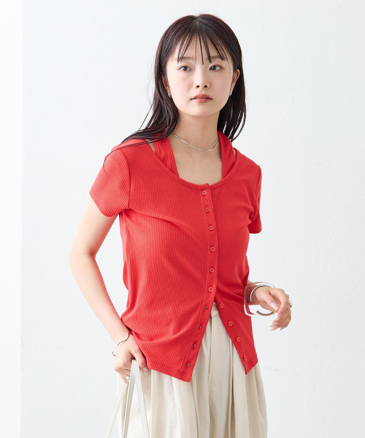 mystic 掛脖疊搭設計 法式袖 上衣