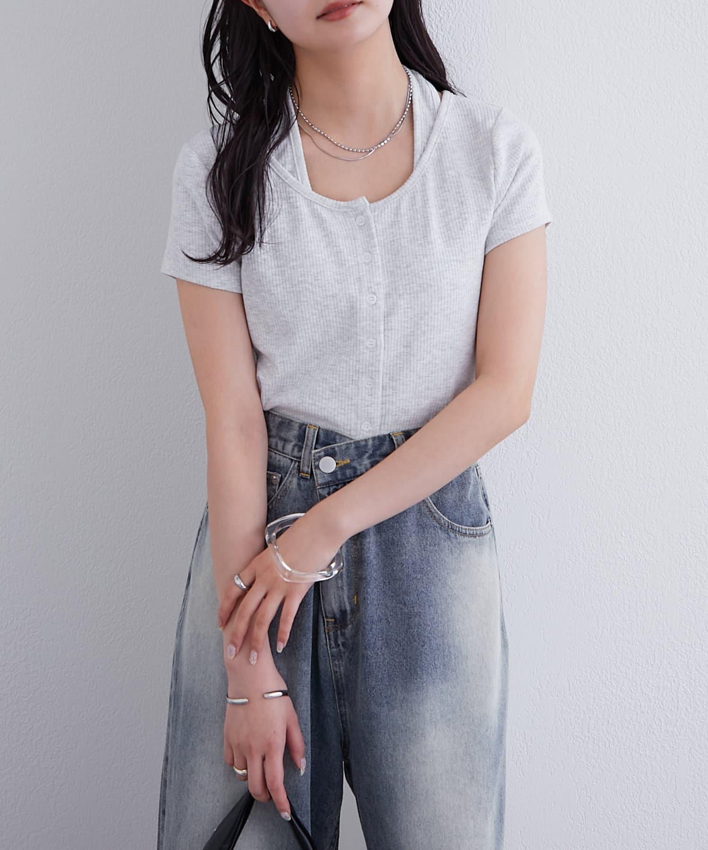 mystic 掛脖疊搭設計 法式袖 上衣