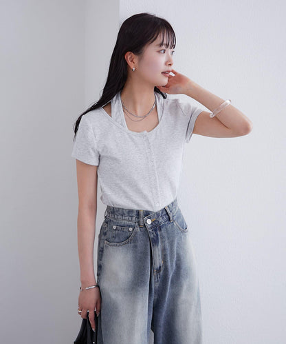 mystic 掛脖疊搭設計 法式袖 上衣