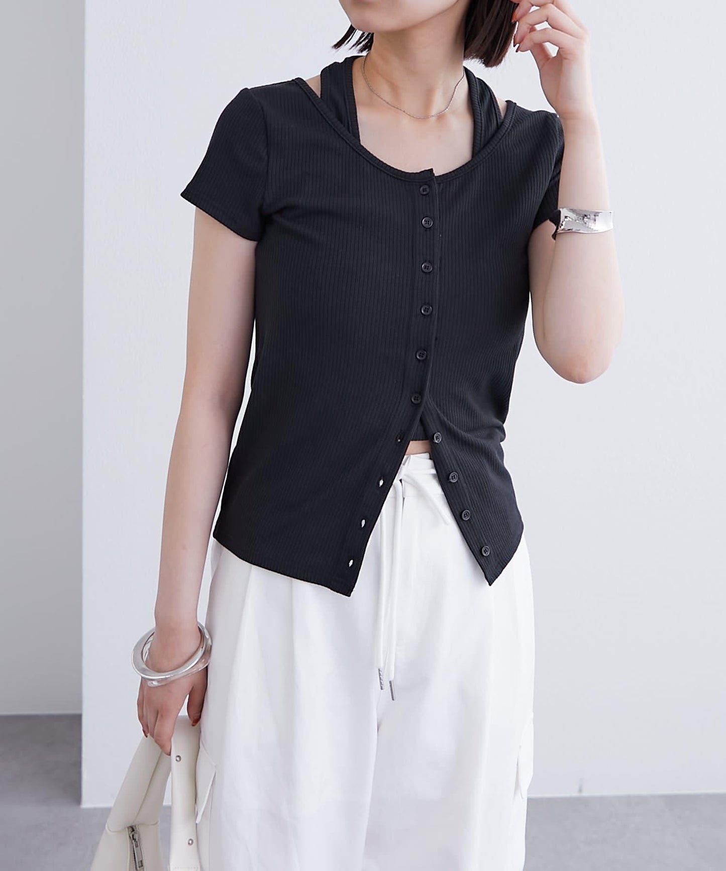 mystic 掛脖疊搭設計 法式袖 上衣