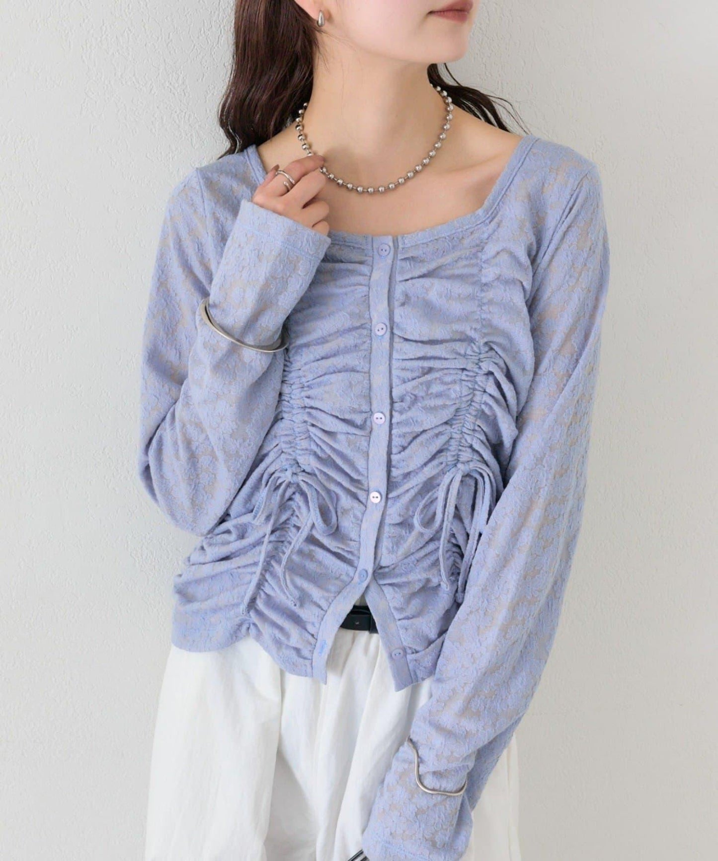 抽褶蕾絲 針織開衫