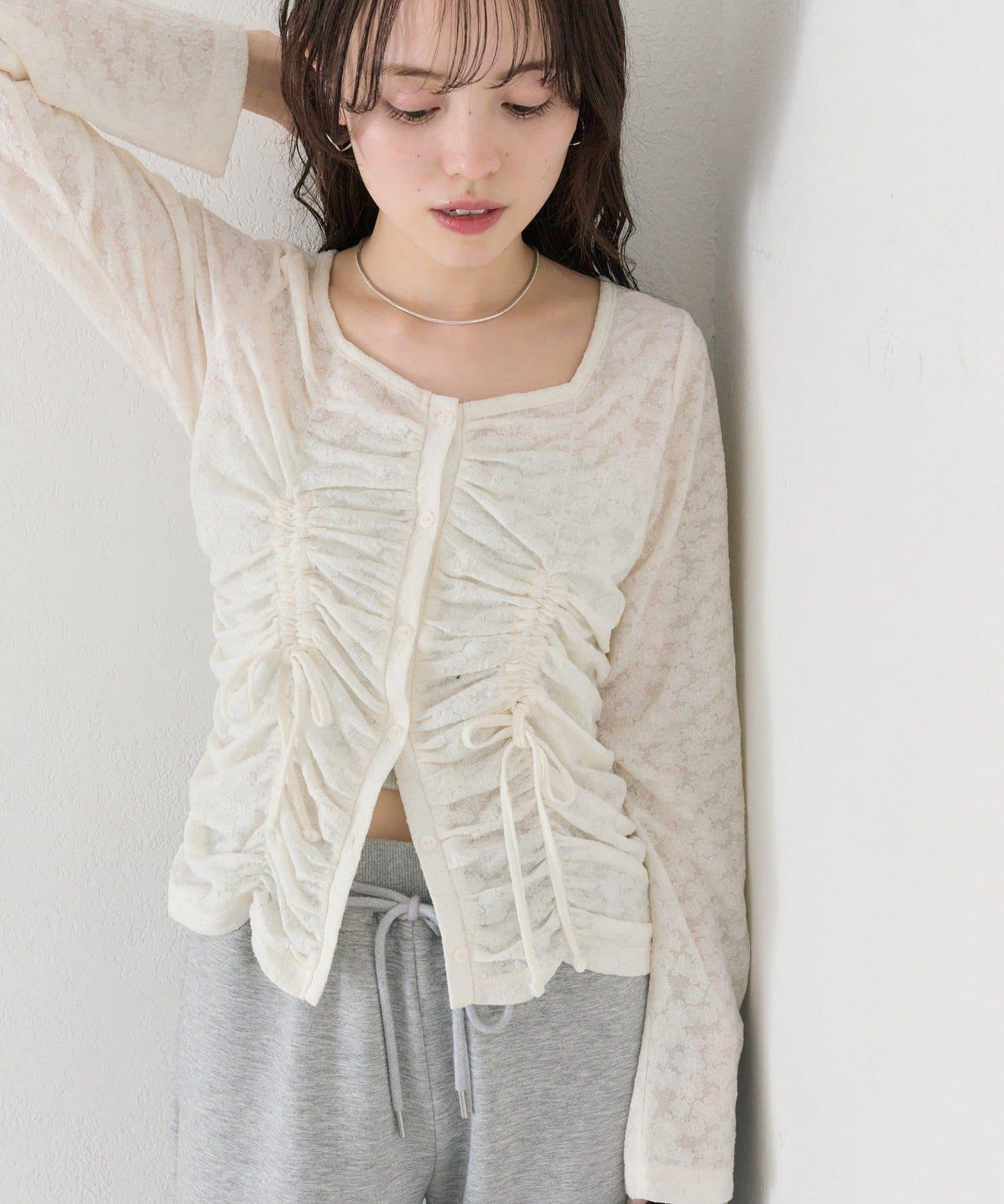 抽褶蕾絲 針織開衫