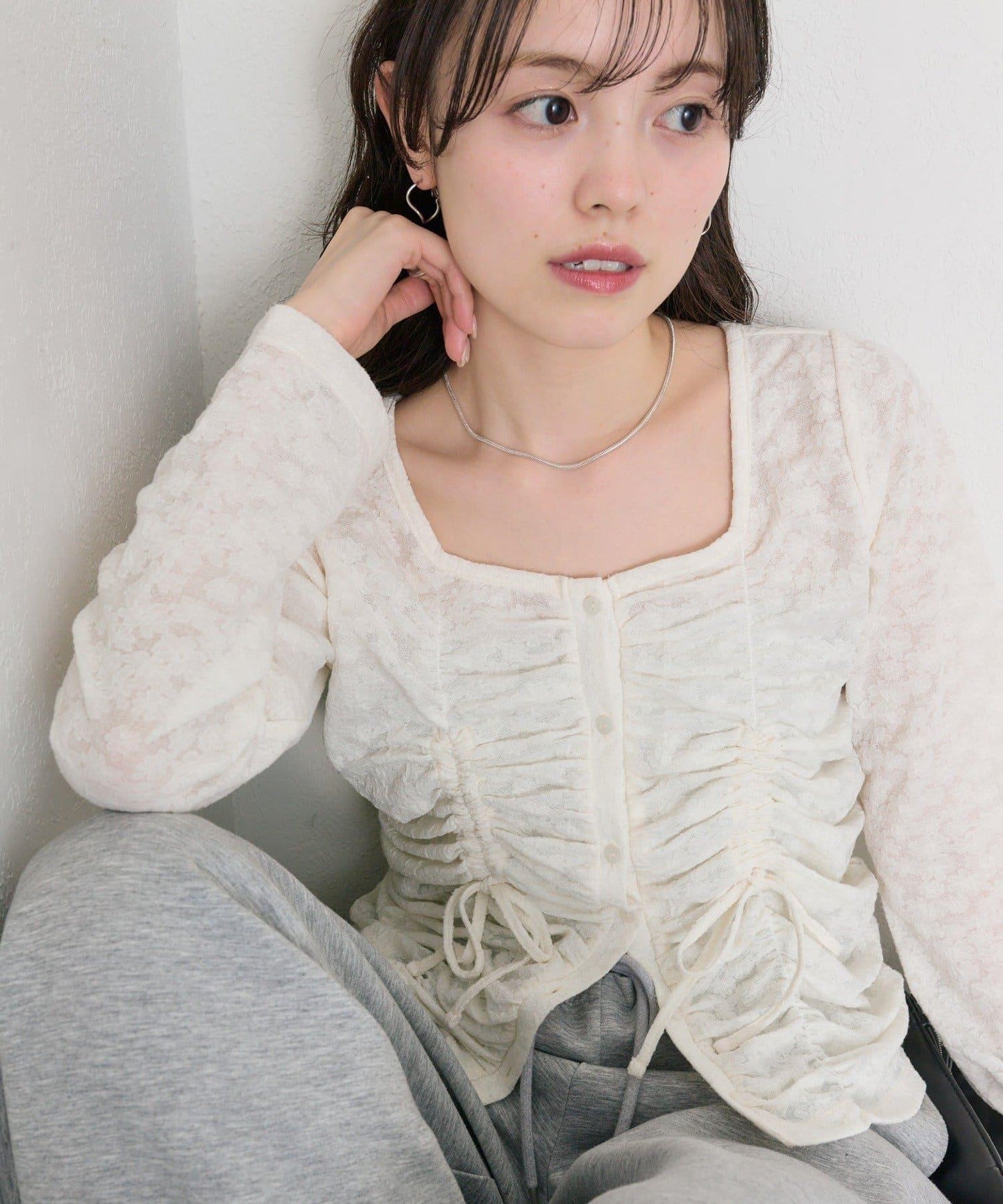 抽褶蕾絲 針織開衫