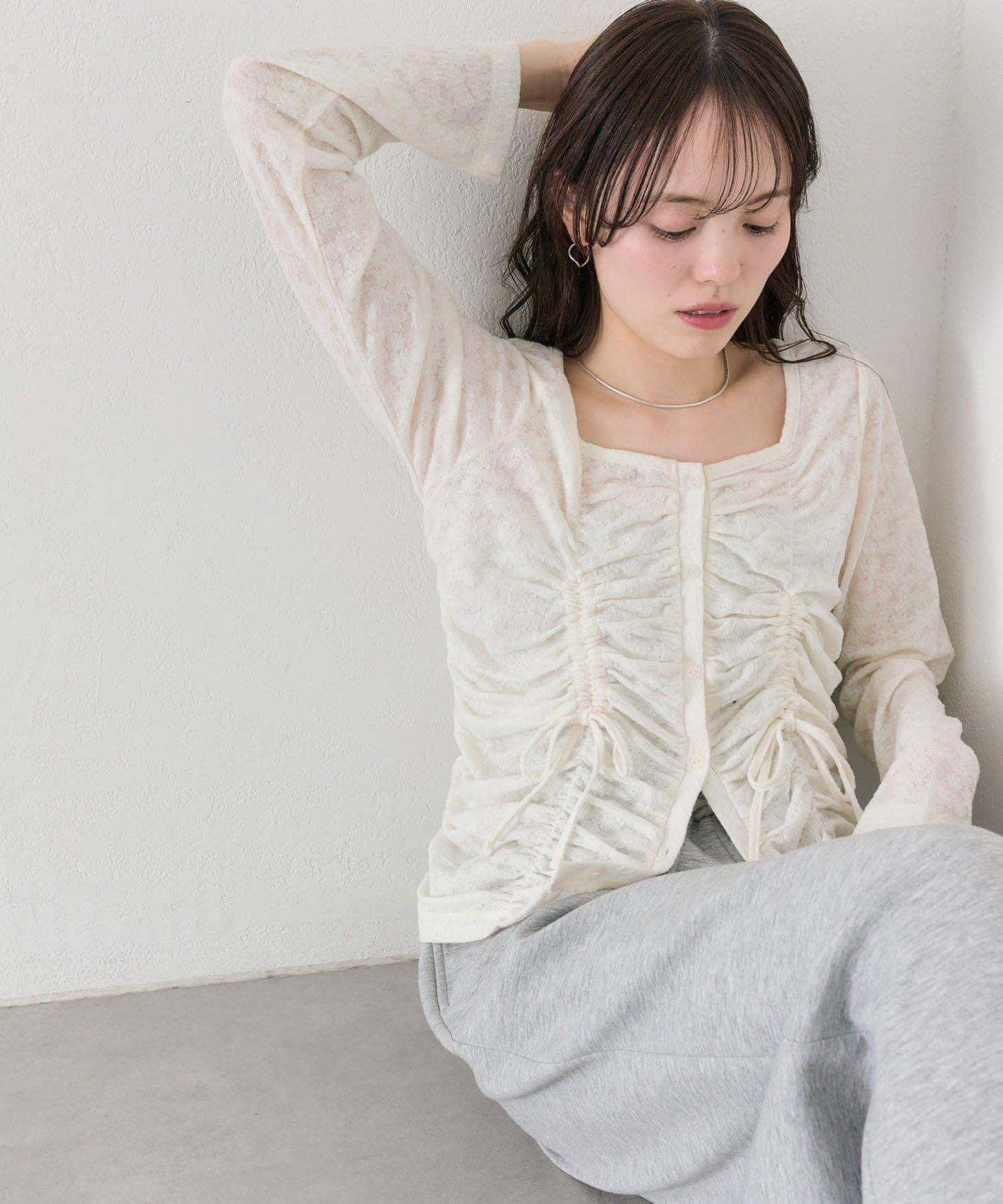 抽褶蕾絲 針織開衫