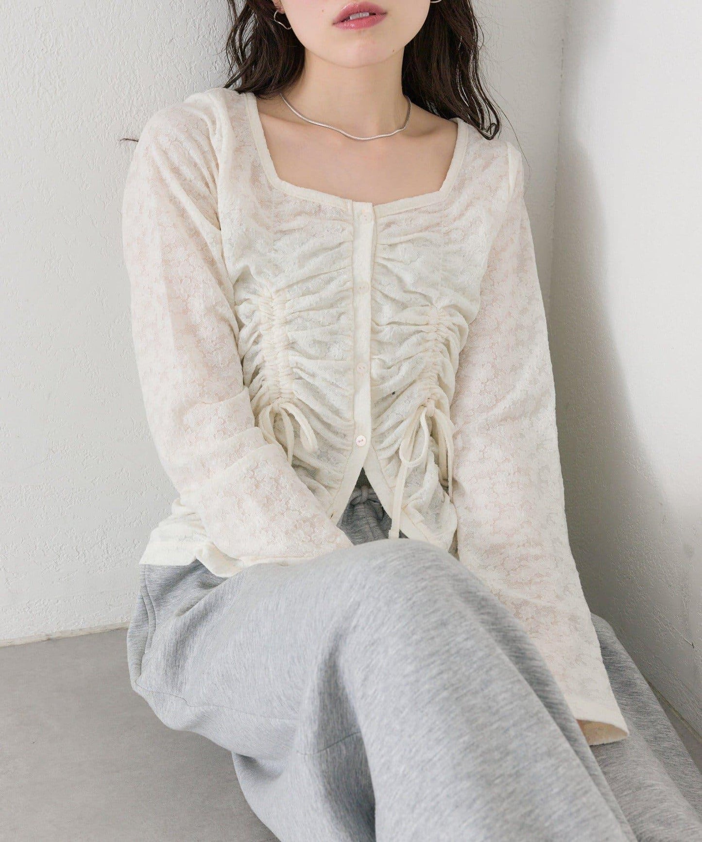 抽褶蕾絲 針織開衫