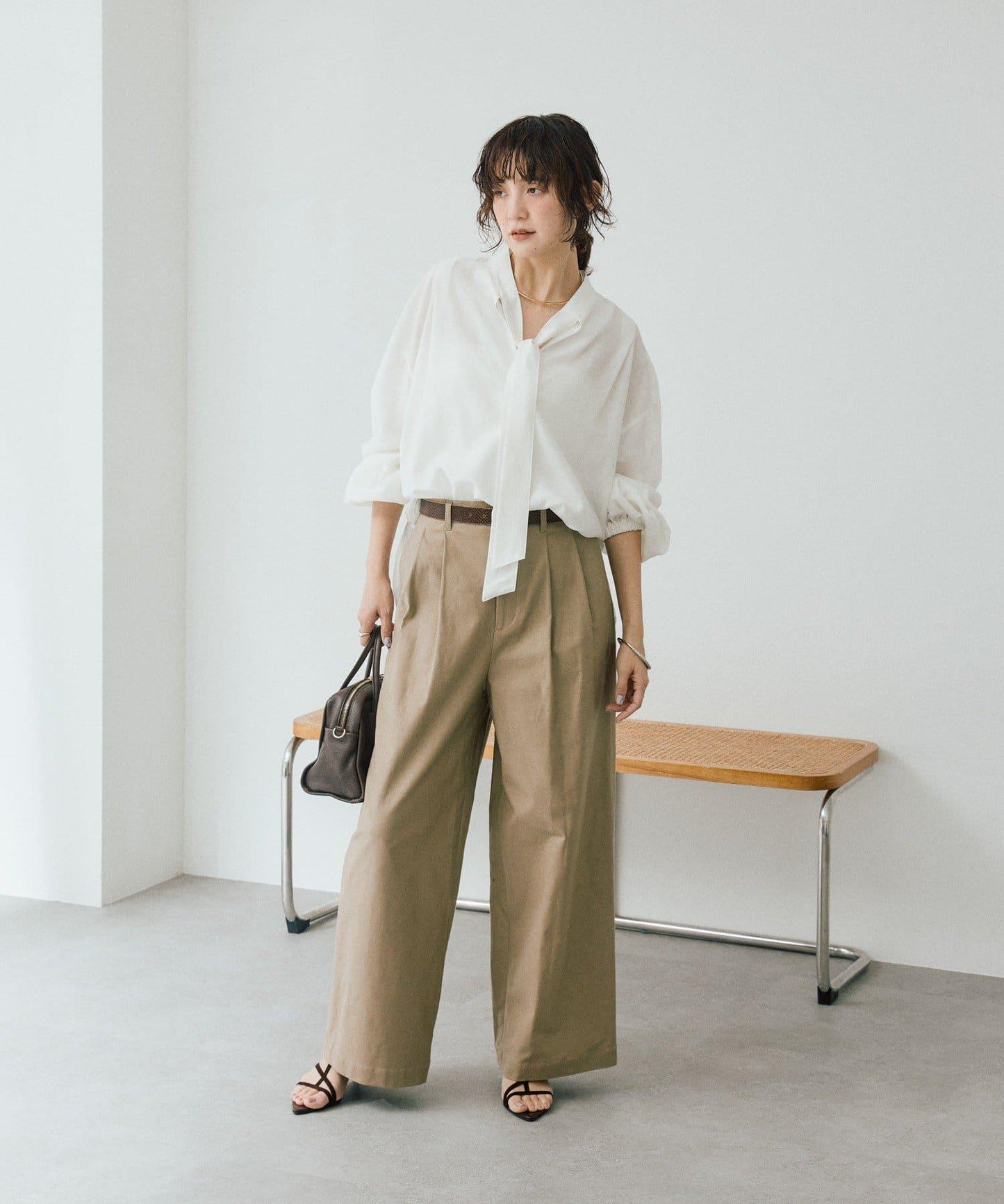 潮流風格 褶襉寬鬆 斜紋棉布 褲子