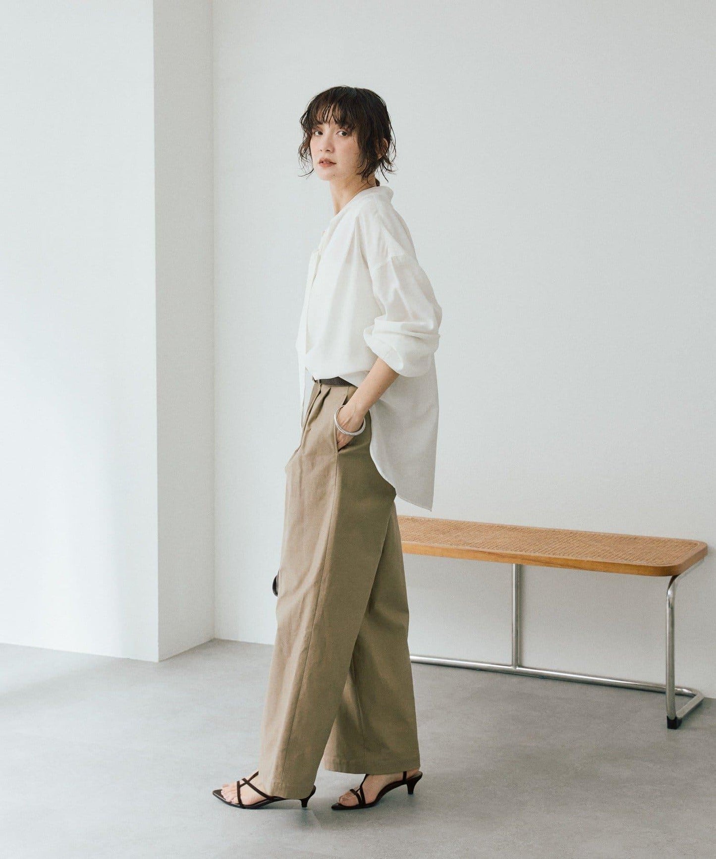 潮流風格 褶襉寬鬆 斜紋棉布 褲子