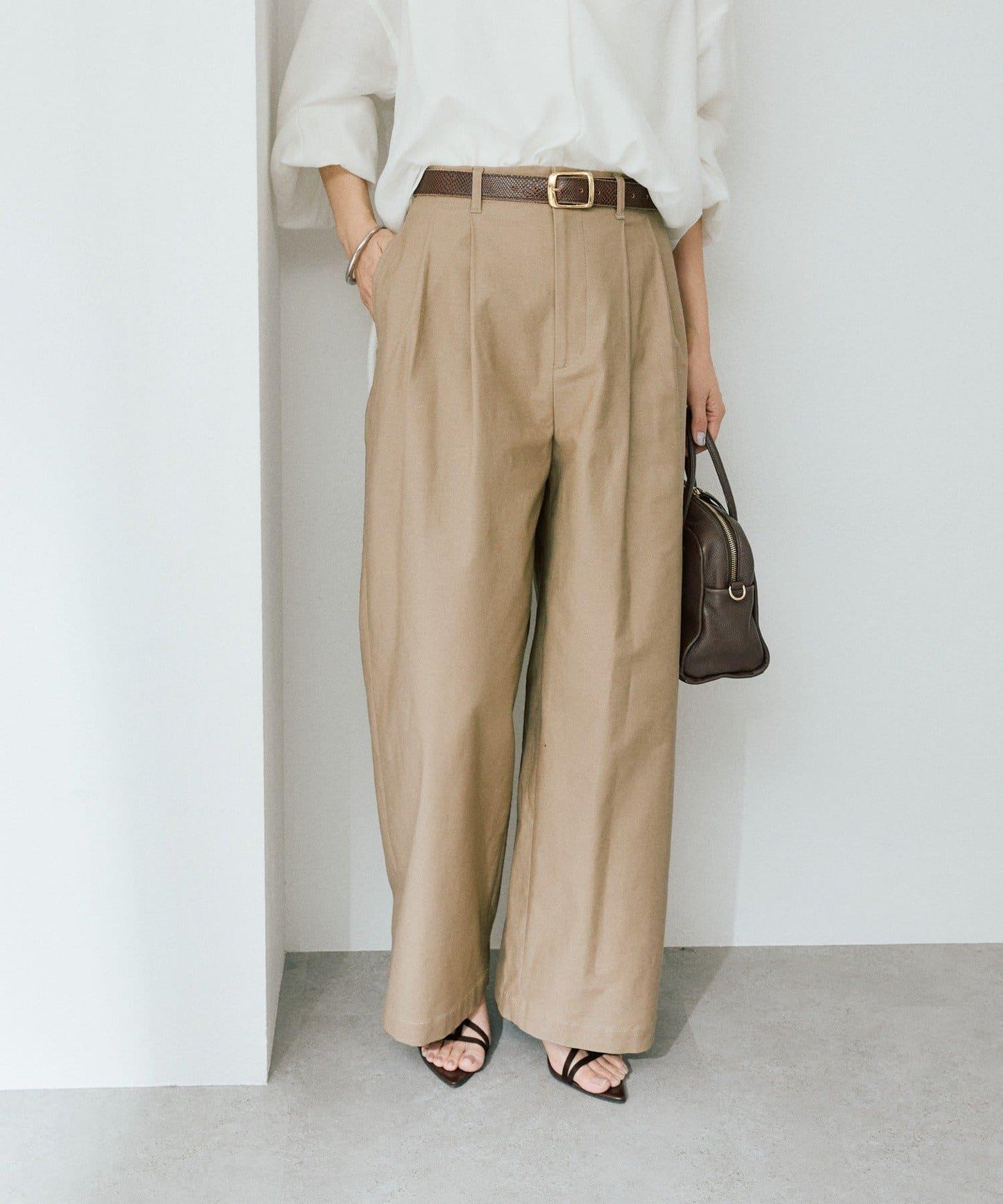 潮流風格 褶襉寬鬆 斜紋棉布 褲子