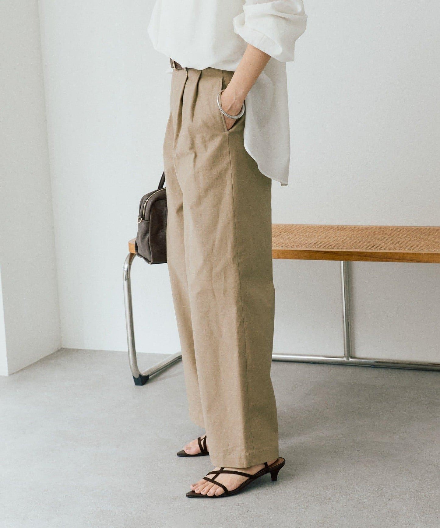 潮流風格 褶襉寬鬆 斜紋棉布 褲子