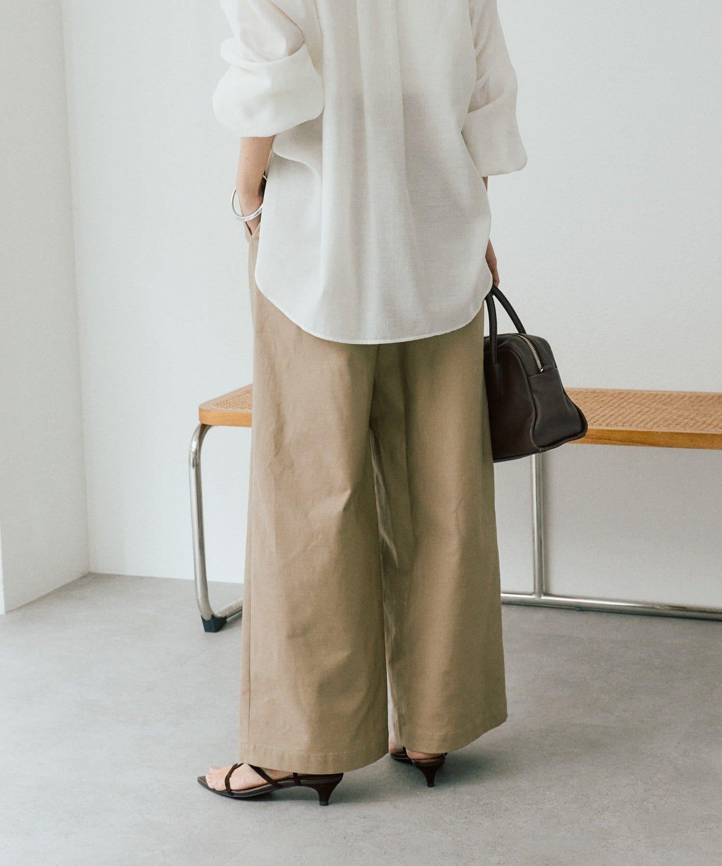 潮流風格 褶襉寬鬆 斜紋棉布 褲子