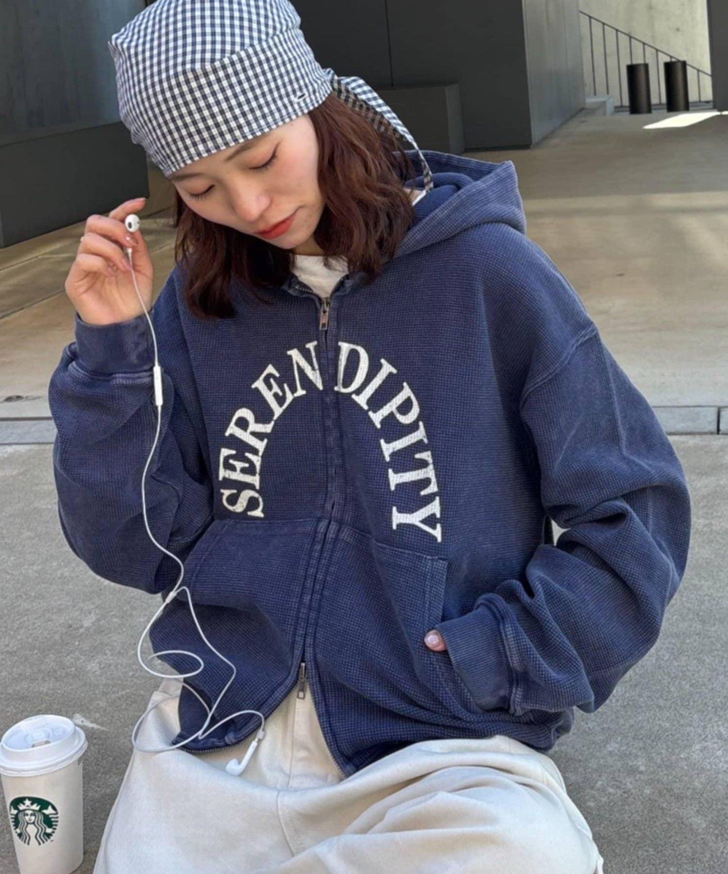 男女同款 華夫格紋 拉鍊設計 連帽衛衣