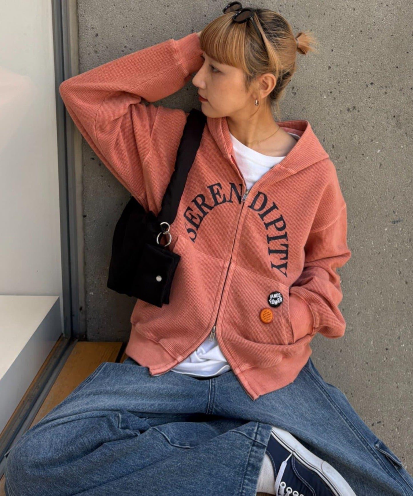 男女同款 華夫格紋 拉鍊設計 連帽衛衣