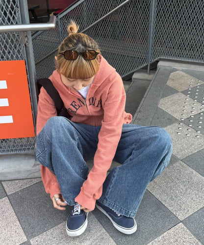 男女同款 華夫格紋 拉鍊設計 連帽衛衣