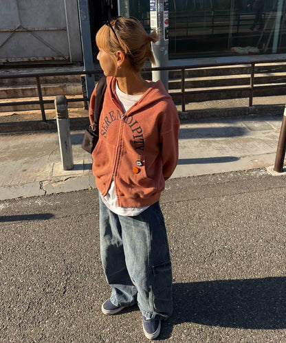 男女同款 華夫格紋 拉鍊設計 連帽衛衣