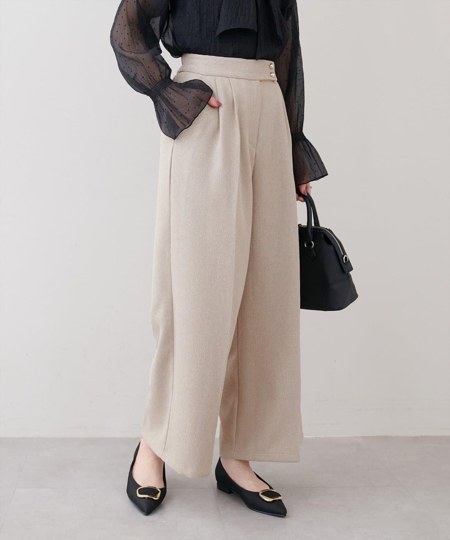 金扣褶襉闊腿褲