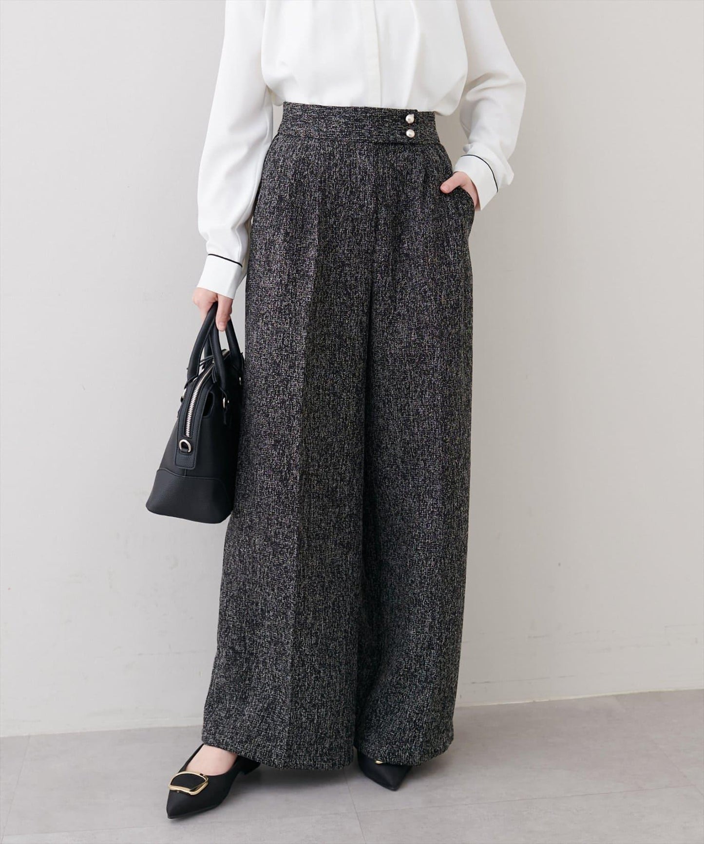 金扣褶襉闊腿褲