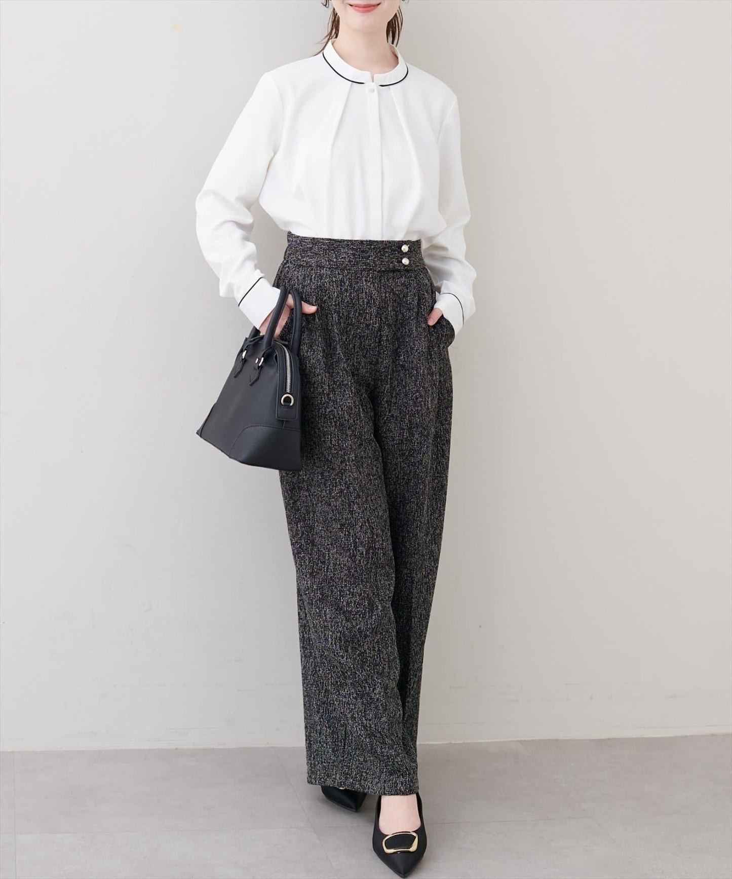 金扣褶襉闊腿褲