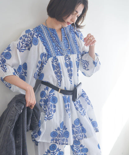 花卉圖案長款設計 襯衫上衣