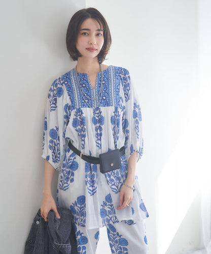 花卉圖案長款設計 襯衫上衣