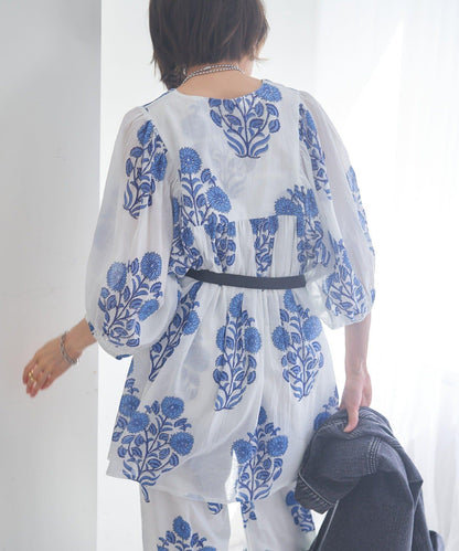 花卉圖案長款設計 襯衫上衣