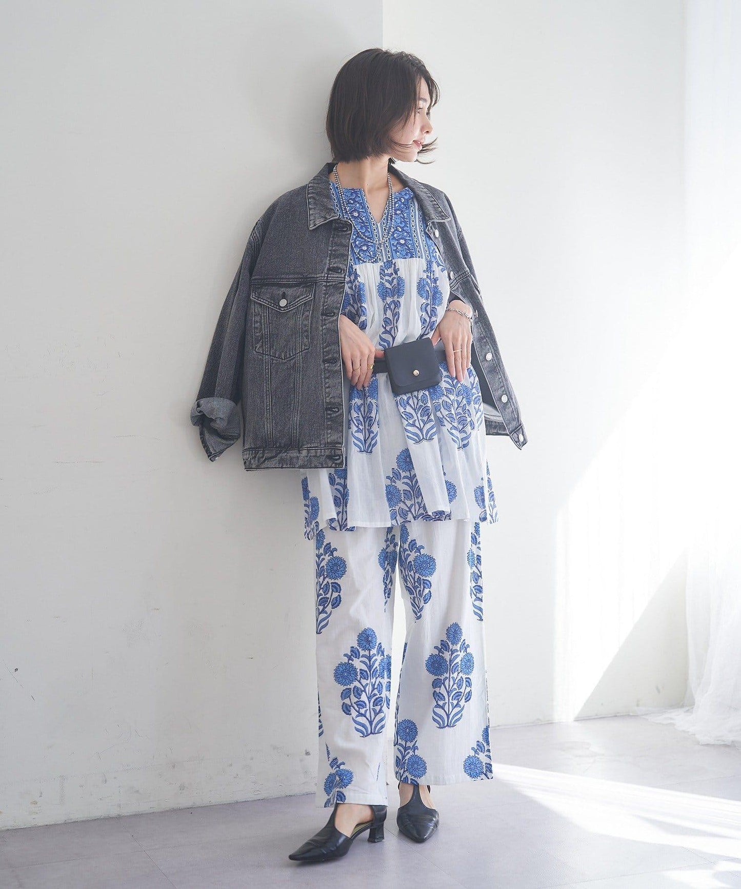 花卉圖案長款設計 襯衫上衣