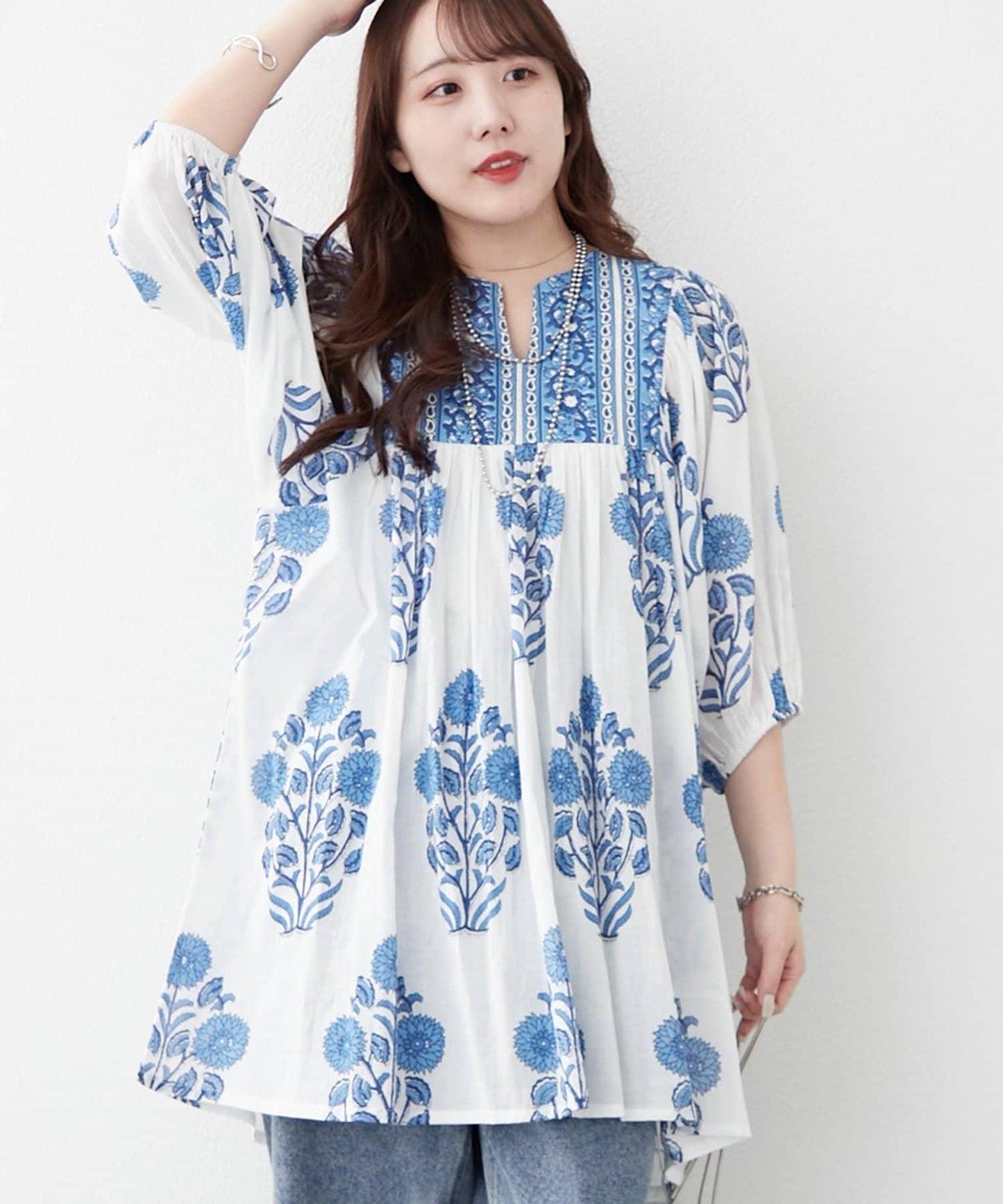 花卉圖案長款設計 襯衫上衣