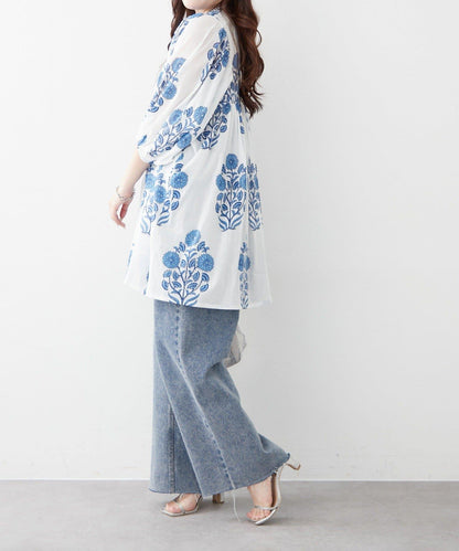 花卉圖案長款設計 襯衫上衣