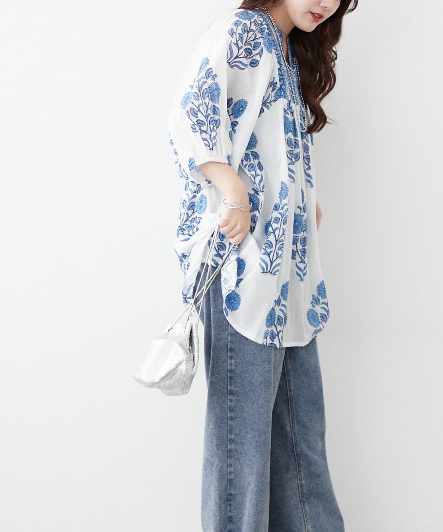 花卉圖案長款設計 襯衫上衣