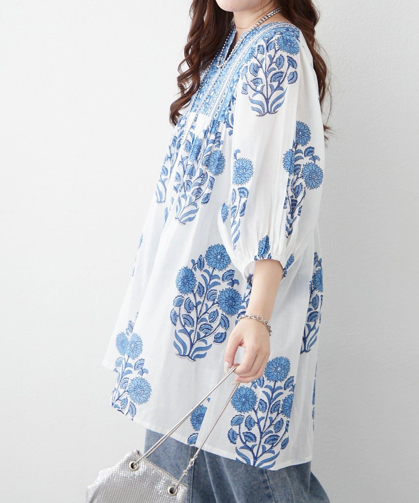 花卉圖案長款設計 襯衫上衣